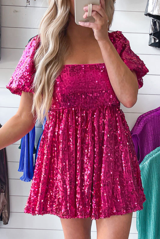 Rose Red Short Puff Sleeve Sequin Babydoll Romper - Premium Bottoms/Jumpsuits & Rompers from Momma Done Gone Crafty- Just $42.90! Shop now at Momma Done Gone Crafty