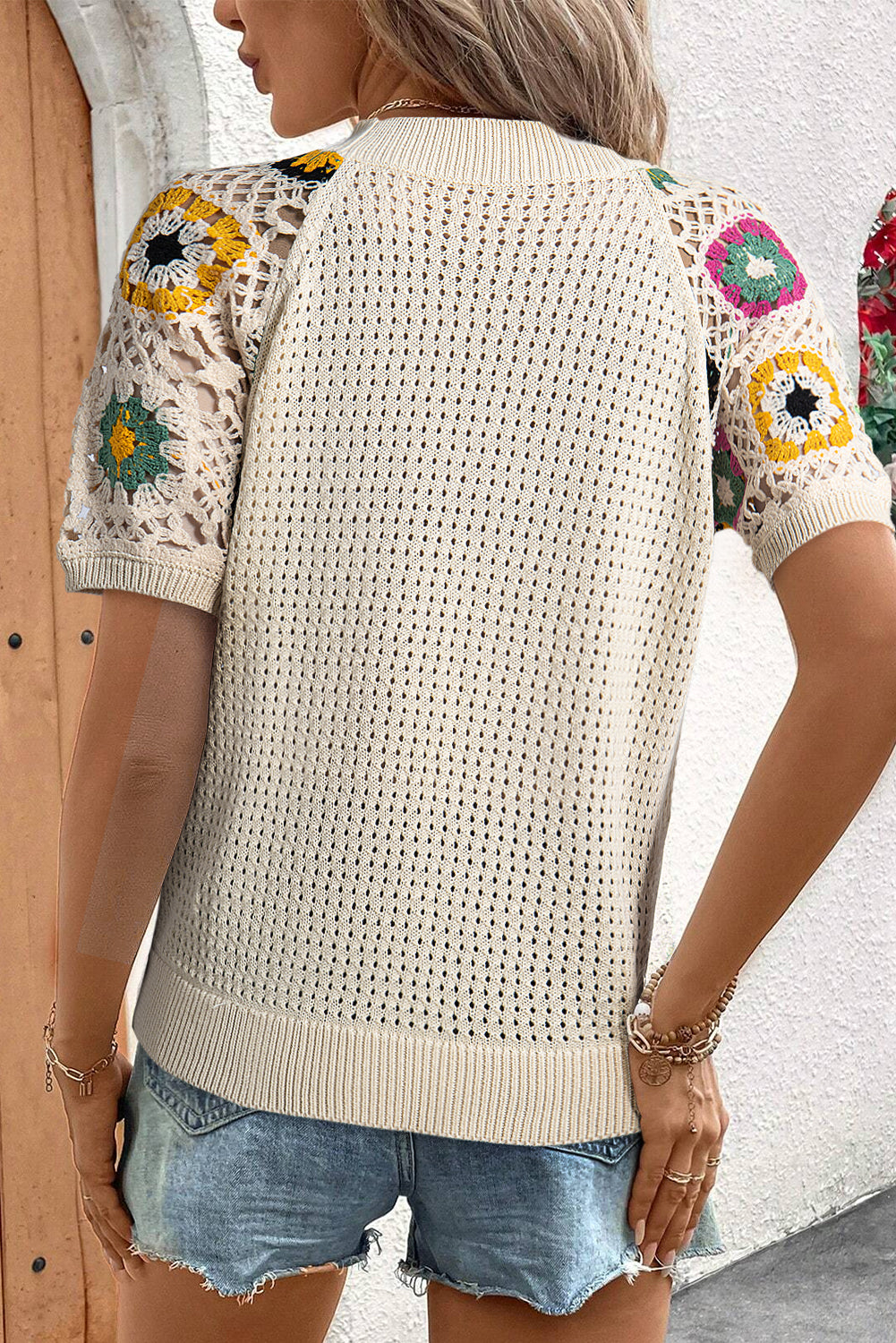 Apricot Hollow Out Floral Crochet Short Sleeve Crewneck Sweater - Premium Sweaters & Cardigans/Short Sleeve Sweaters from Momma Done Gone Crafty- Just $31.05! Shop now at Momma Done Gone Crafty