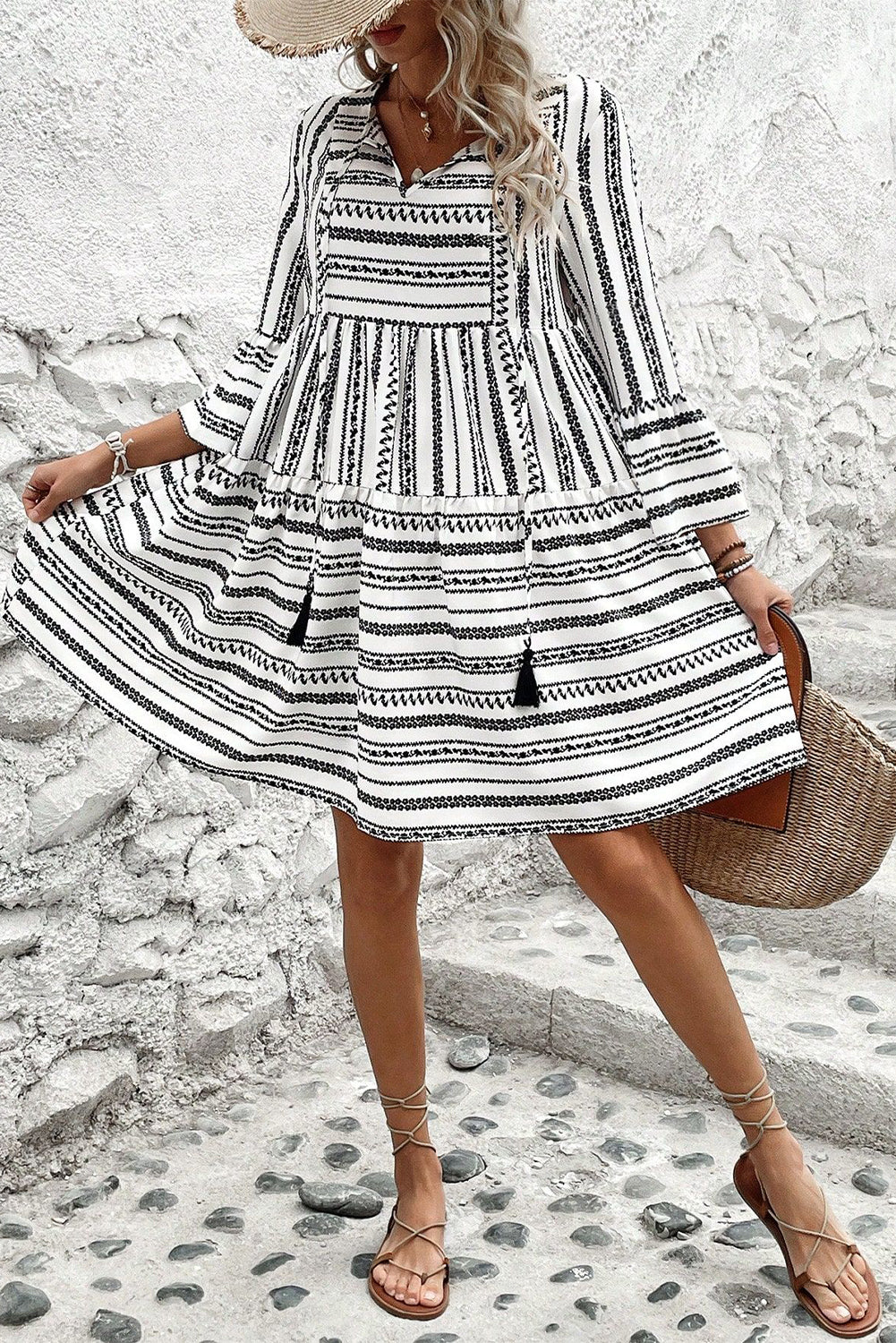 Black Stripe V Neck Bell Sleeve High Waist Mini Dress - Premium Dresses/Mini Dresses from Momma Done Gone Crafty- Just $45.99! Shop now at Momma Done Gone Crafty