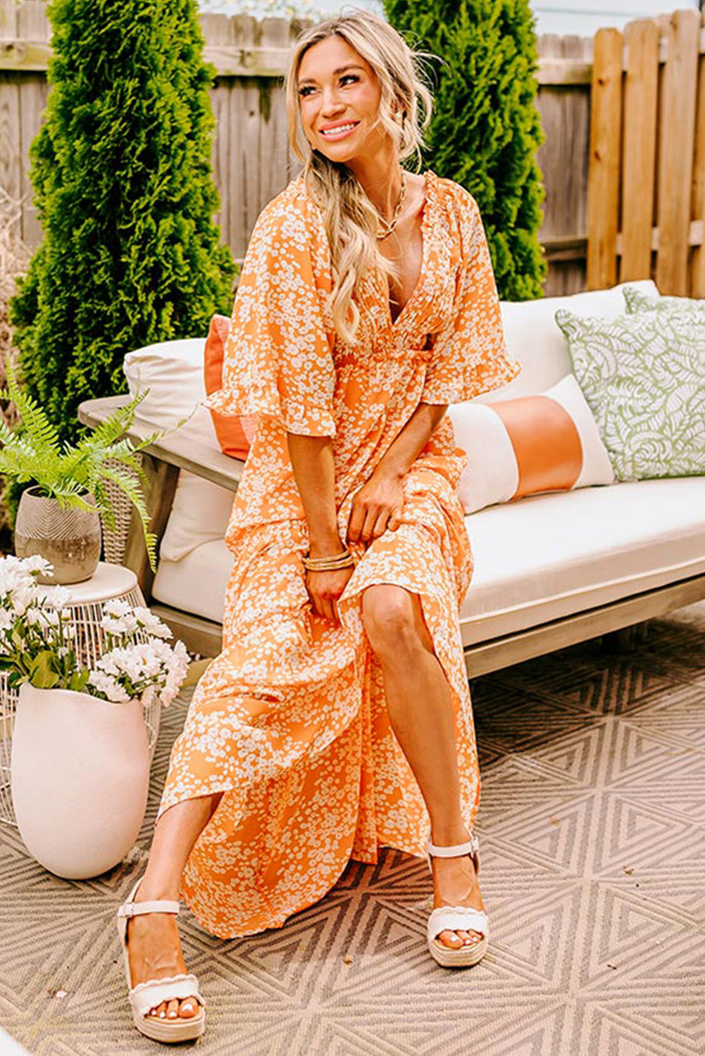Orange Floral Print Smocked V Neck Wide Sleeve Maxi Dress - Premium Dresses/Floral Dresses from Momma Done Gone Crafty- Just $55.99! Shop now at Momma Done Gone Crafty