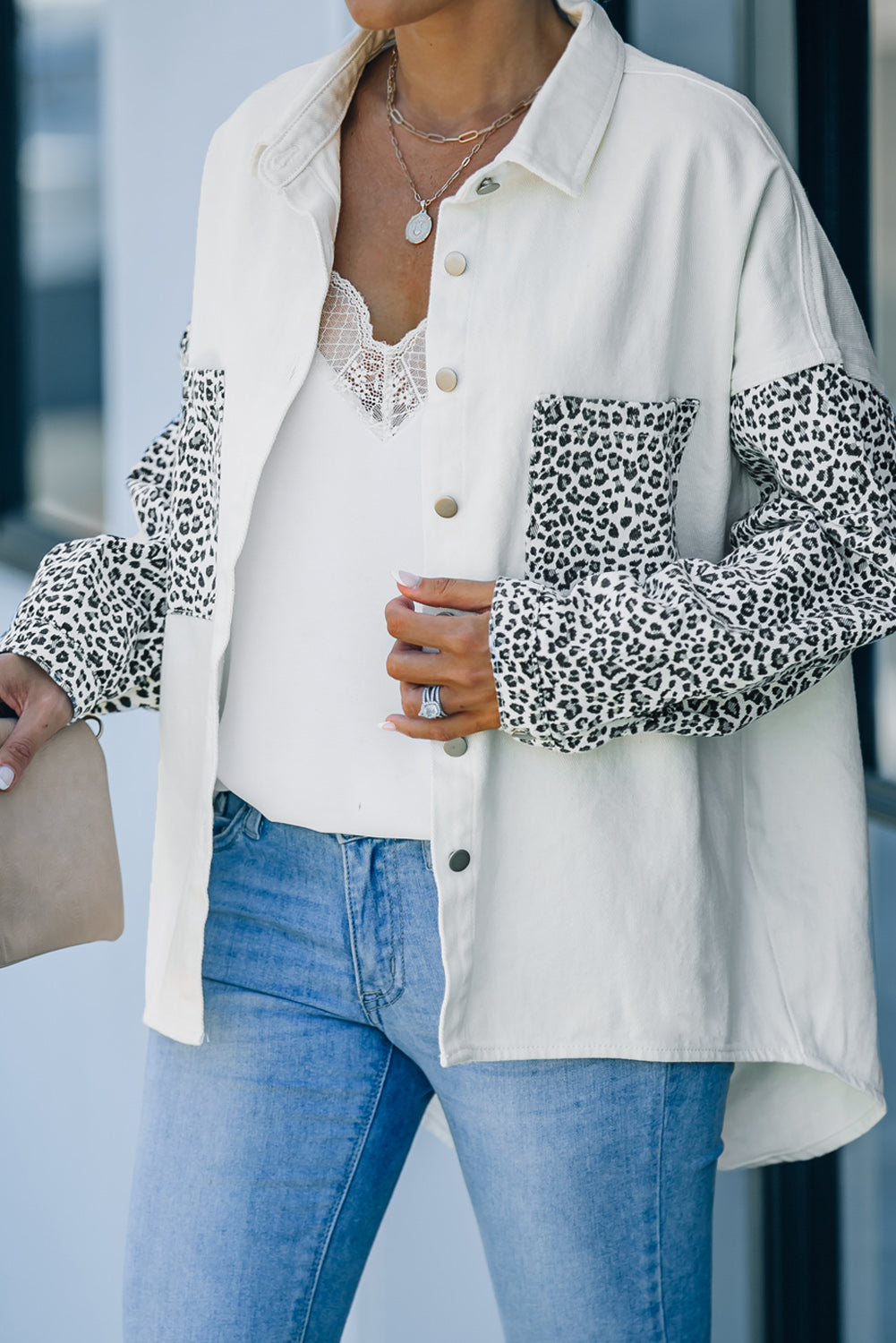 White Contrast Leopard Denim Jacket - Premium Outerwear/Denim jackets from Momma Done Gone Crafty- Just $55! Shop now at Momma Done Gone Crafty