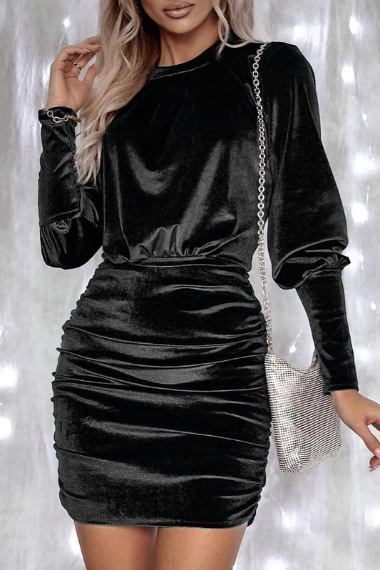 Black Velvet Puff Sleeve Ruched Bodycon Dress - Premium Dresses from Momma Done Gone Crafty- Just $31.20! Shop now at Momma Done Gone Crafty
