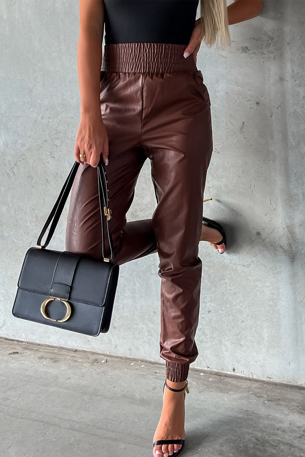 Brown Smocked High-Waist Leather Skinny Pants - Premium Bottoms from Momma Done Gone Crafty- Just $58.71! Shop now at Momma Done Gone Crafty