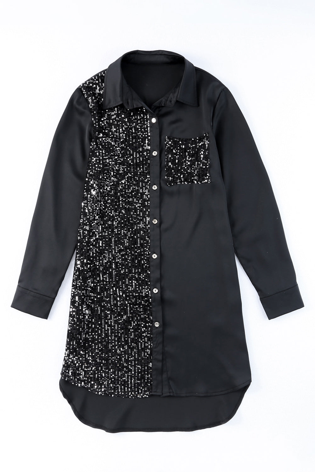 Black Sequin Splicing Pocket Buttoned Shirt Dress - Premium Dresses from Momma Done Gone Crafty- Just $32.94! Shop now at Momma Done Gone Crafty