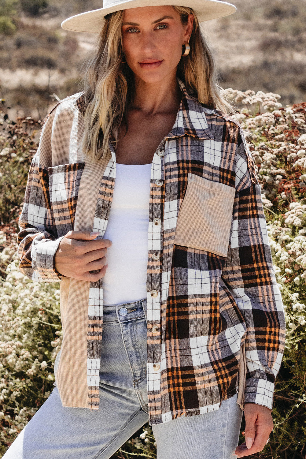 Khaki Thermal Knit Plaid Patchwork Shacket - Premium Outerwear/Plaid Shackets from Momma Done Gone Crafty- Just $45.99! Shop now at Momma Done Gone Crafty
