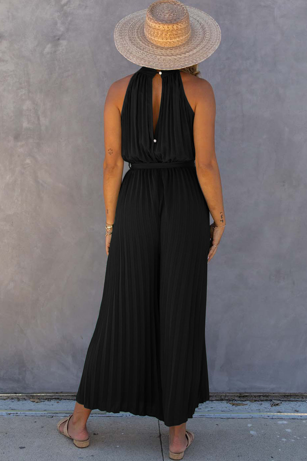 Black Halter Neck Pleated Wide Leg Jumpsuit with Belt - Premium Bottoms/Jumpsuits & Rompers from Momma Done Gone Crafty- Just $38.40! Shop now at Momma Done Gone Crafty