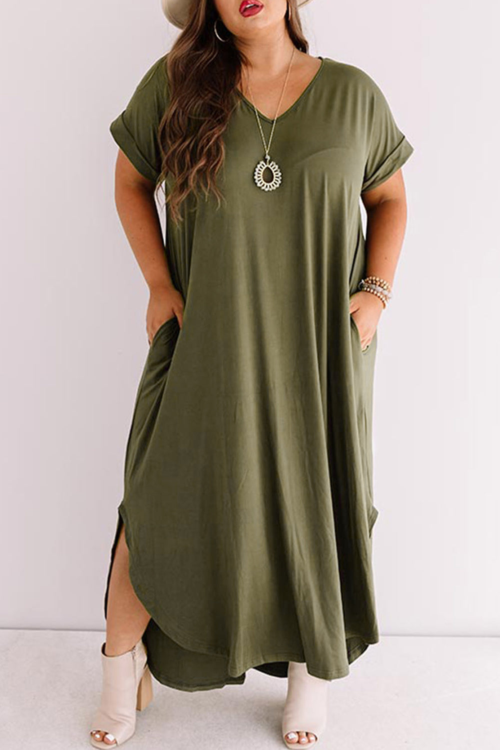 Green Plus Size V Neck Rolled Cuffs Maxi Dress - Premium Plus Size from Momma Done Gone Crafty- Just $35.99! Shop now at Momma Done Gone Crafty