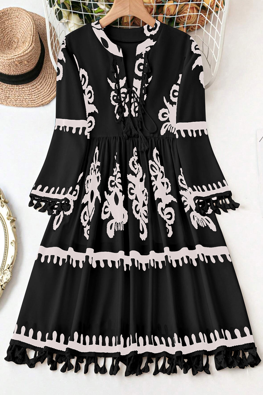 Black Plus Size Western Floral Print Fringed V Neck Dress - Premium Plus Size/Plus Size Dresses/Plus Size Mini Dresses from Momma Done Gone Crafty- Just $44.85! Shop now at Momma Done Gone Crafty
