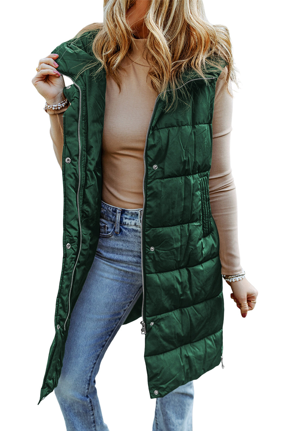 Green Hooded Long Quilted Vest Coat - Premium Outerwear from Momma Done Gone Crafty- Just $90.72! Shop now at Momma Done Gone Crafty
