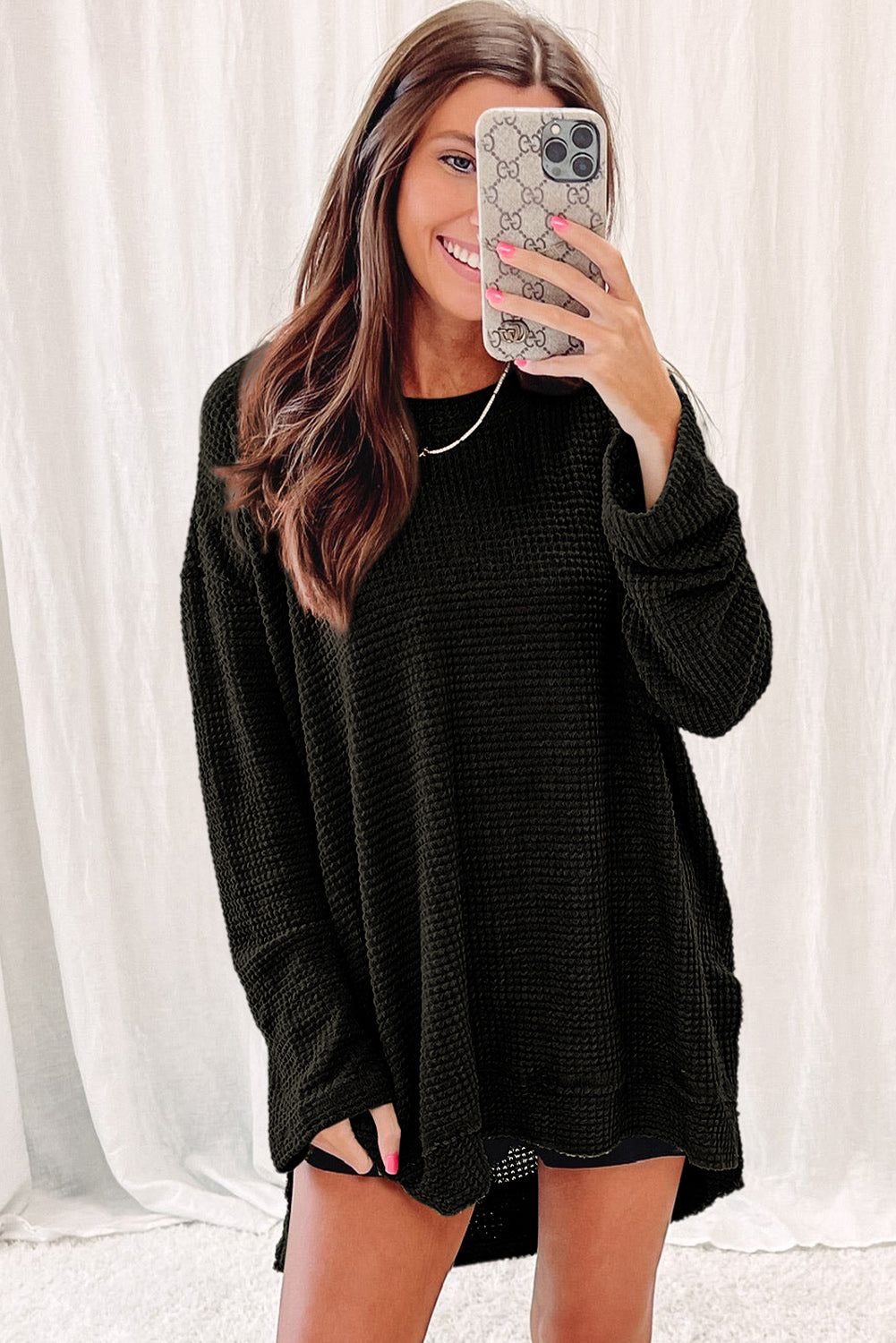Black Waffle Knit High Slits Oversized Top - Premium Tops from Momma Done Gone Crafty- Just $33.87! Shop now at Momma Done Gone Crafty
