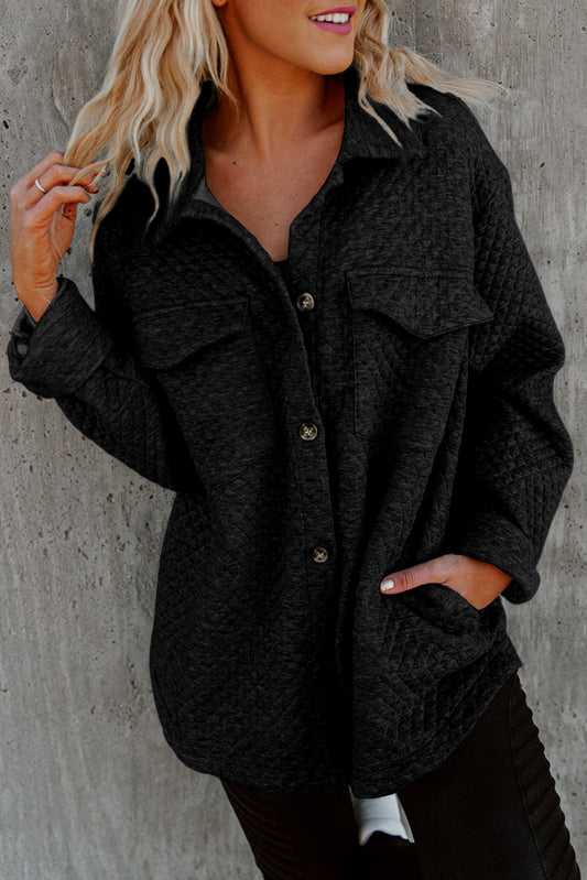 Black Lattice Texture Retro Flap Pocket Button Shacket - Premium Outerwear from Momma Done Gone Crafty- Just $59.10! Shop now at Momma Done Gone Crafty