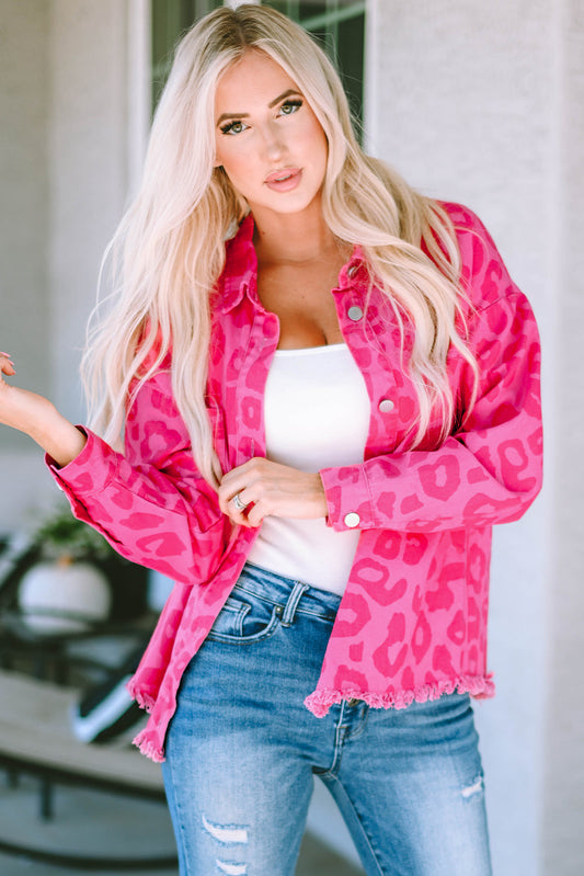 Pink Leopard Print Button Cuffs Raw Hem Jacket - Premium Outerwear from Momma Done Gone Crafty- Just $55.80! Shop now at Momma Done Gone Crafty
