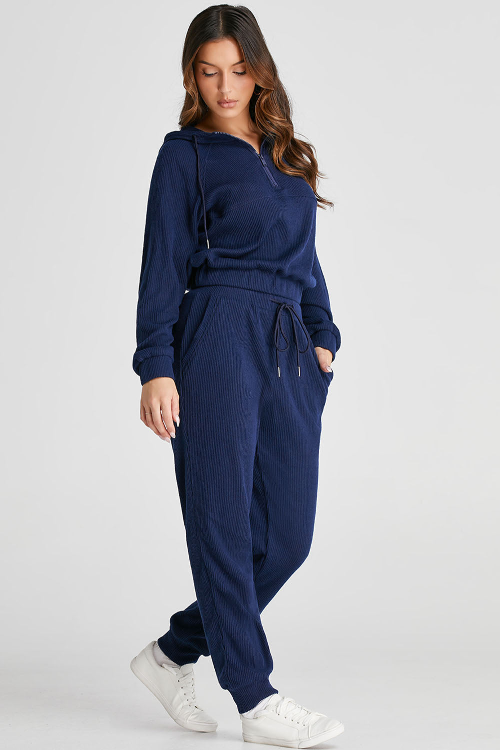 Navy Blue Ribbed Knit Cropped Hoodie and Drawstring Joggers Set - Premium Activewear/Activewear Sets from Ashes 2 Wildflowers Boutique, LLC- Just $42! Shop now at Ashes 2 Wildflowers Boutique, LLC