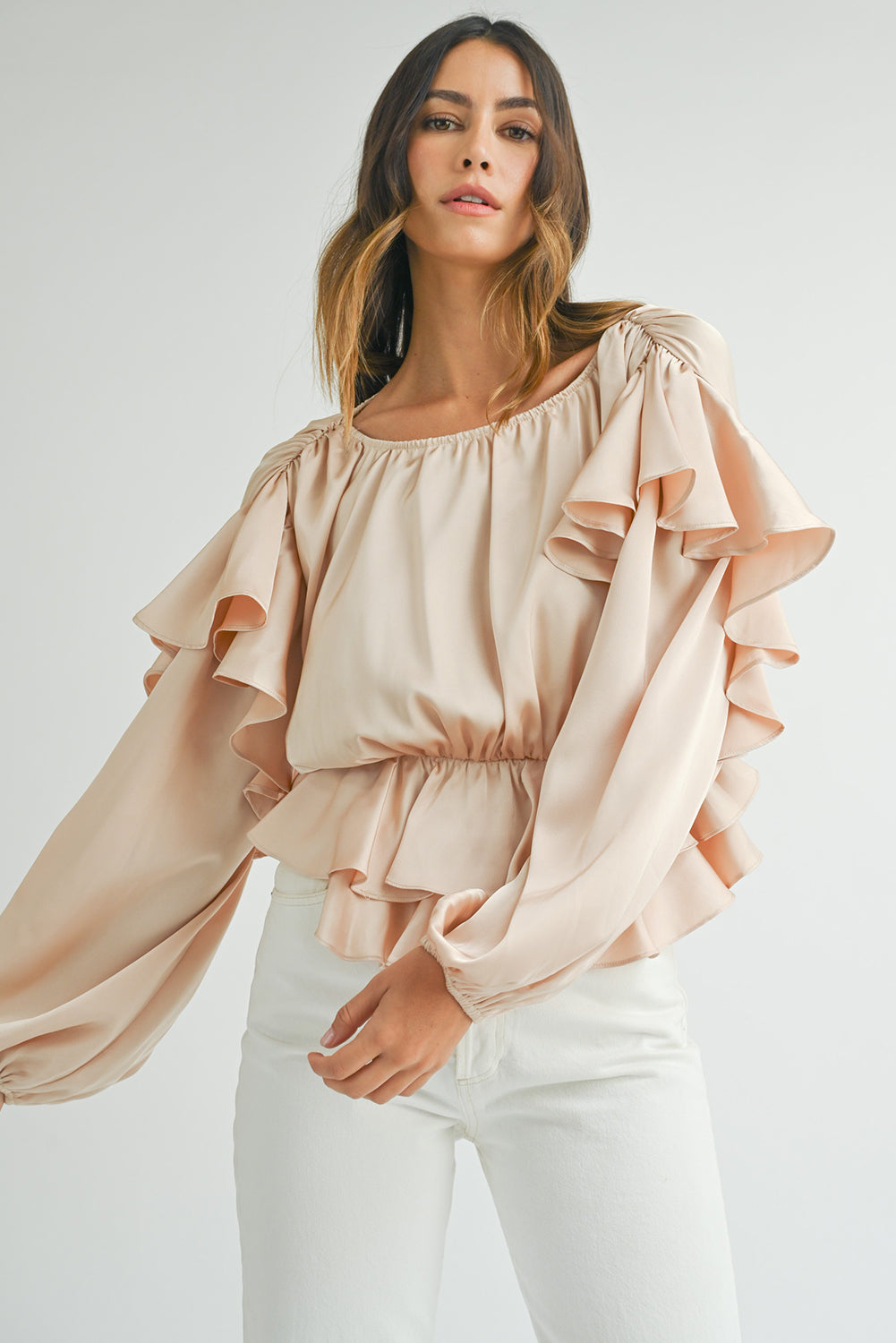 Oatmeal Lace-up Keyhole Back Ruffled Peplum Blouse - Premium Tops/Blouses & Shirts from Ashes 2 Wildflowers Boutique, LLC- Just $33.80! Shop now at Ashes 2 Wildflowers Boutique, LLC