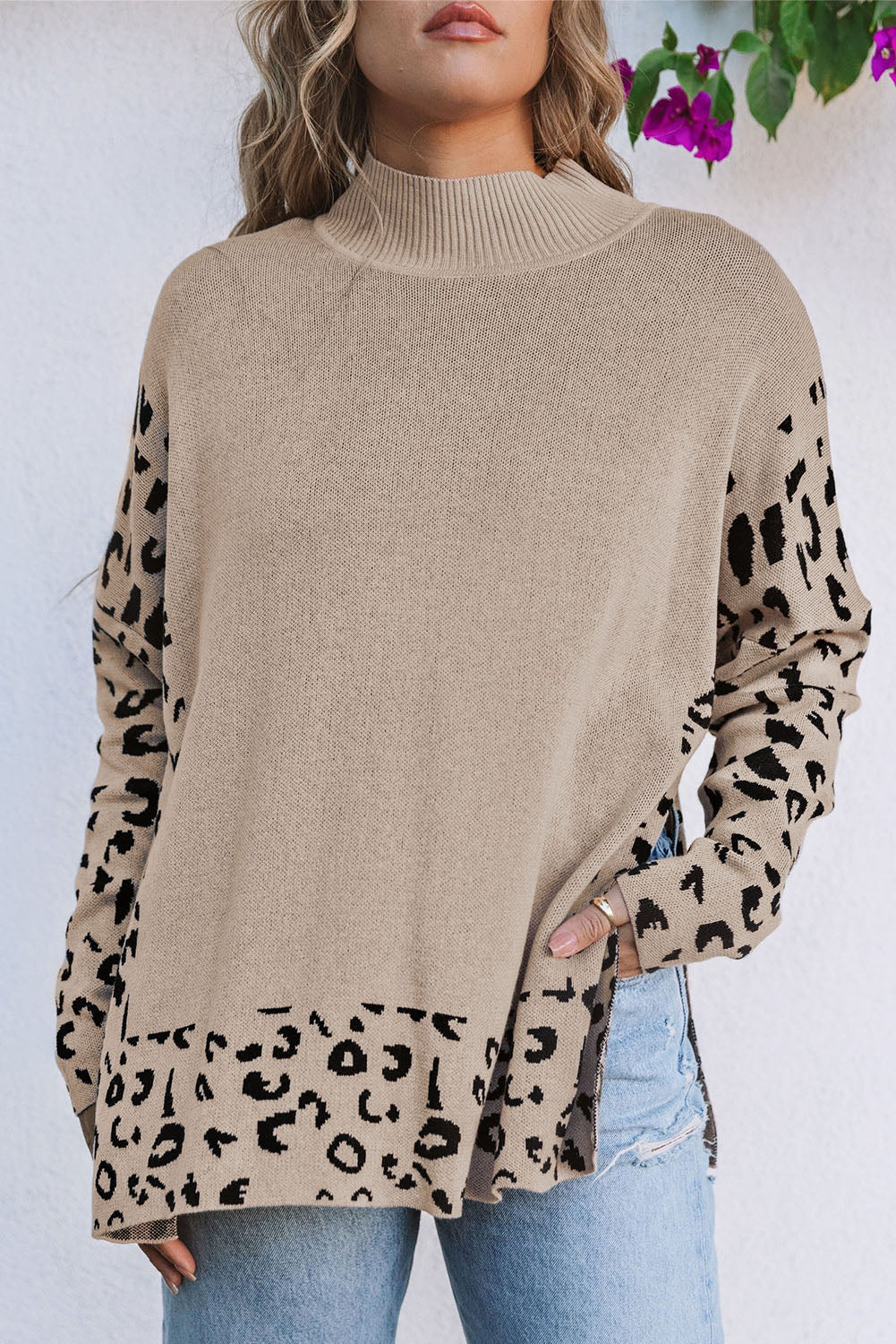 Khaki Leopard High Neck Side Slit Oversized Sweater - Premium Tops from Momma Done Gone Crafty- Just $45.50! Shop now at Momma Done Gone Crafty