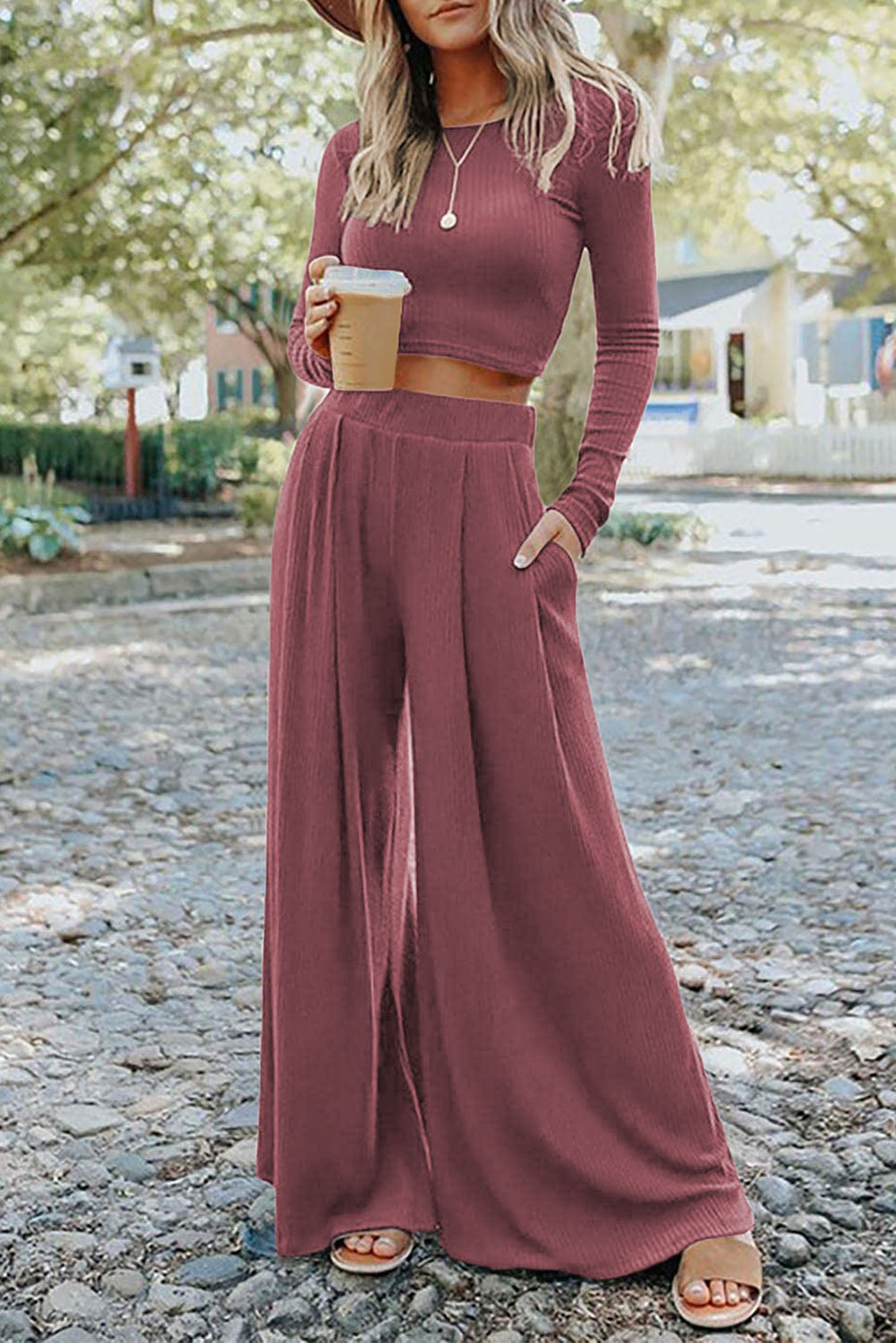 Solid Color Ribbed Crop Top Long Pants Set - Premium Loungewear from Momma Done Gone Crafty- Just $62.94! Shop now at Momma Done Gone Crafty