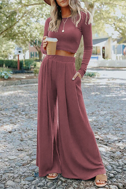 Solid Color Ribbed Crop Top Long Pants Set - Premium Loungewear from Momma Done Gone Crafty- Just $62.94! Shop now at Momma Done Gone Crafty