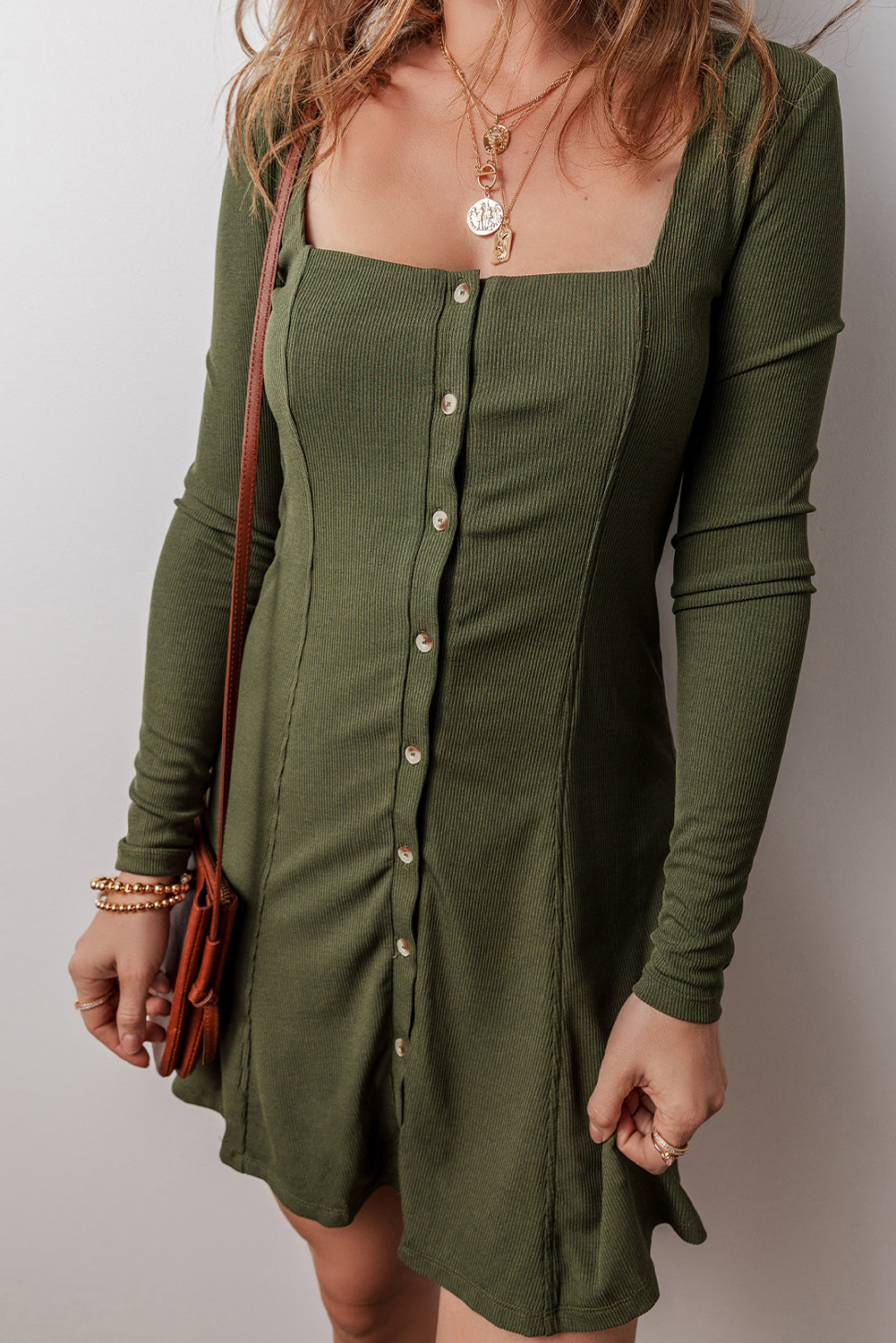 Guacamole Green Rib Knit Square Neck Buttoned Long Sleeve Mini Dress - Premium Dresses/Mini Dresses from Momma Done Gone Crafty- Just $28.99! Shop now at Momma Done Gone Crafty