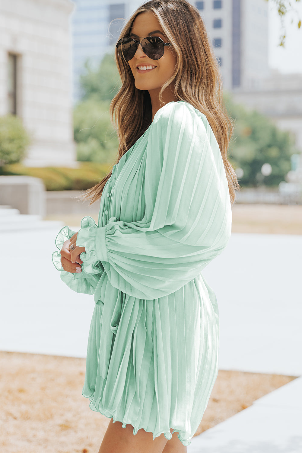 Green Pleated Ruffled Tie Waist Buttons V Neck Romper - Premium Bottoms from Momma Done Gone Crafty- Just $58.99! Shop now at Momma Done Gone Crafty