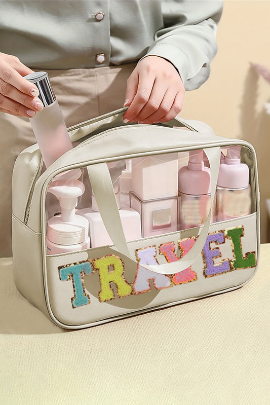 Parchment TRAVEL Chenille Letter Clear PVC Makeup Bag - Premium Shoes & Bags/Makeup Bags from Momma Done Gone Crafty- Just $13.98! Shop now at Momma Done Gone Crafty
