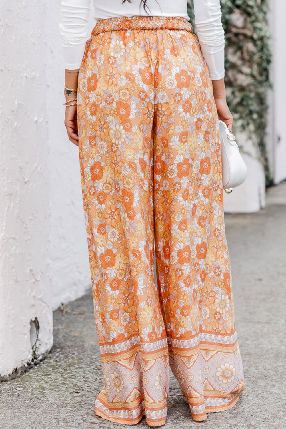 Grapefruit Orange Tie Waist Boho Floral Wide Leg Pants - Premium Bottoms from Momma Done Gone Crafty- Just $36.27! Shop now at Momma Done Gone Crafty