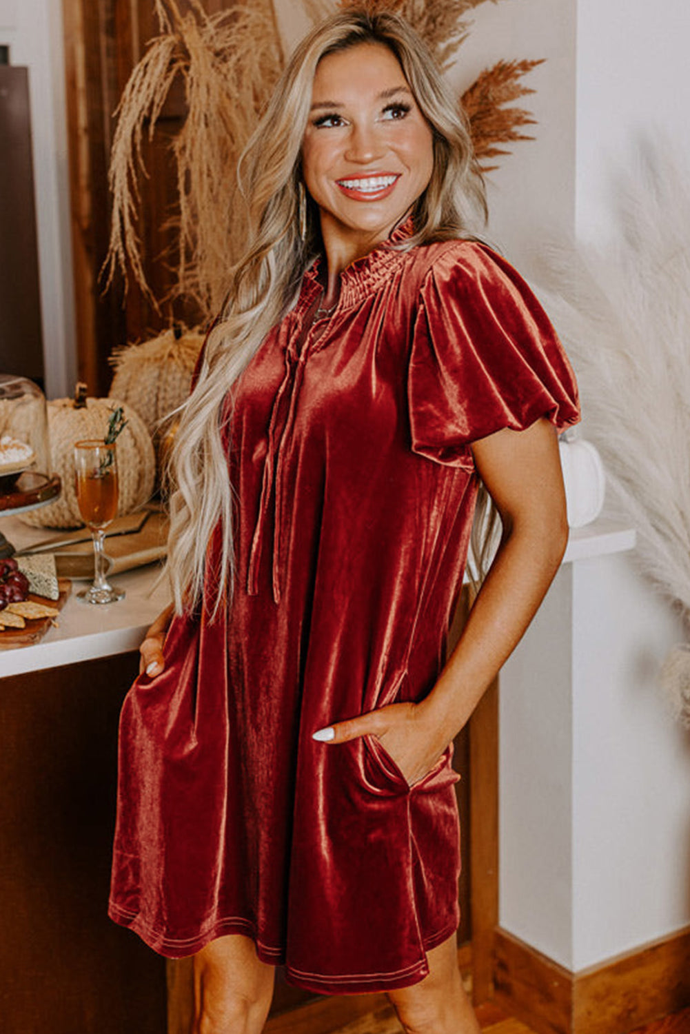 Cinnamon Velvet Smocked Neckline Puff Sleeve Shift Mini Dress - Premium Dresses/Mini Dresses from Ashes 2 Wildflowers Boutique, LLC- Just $48.99! Shop now at Ashes 2 Wildflowers Boutique, LLC