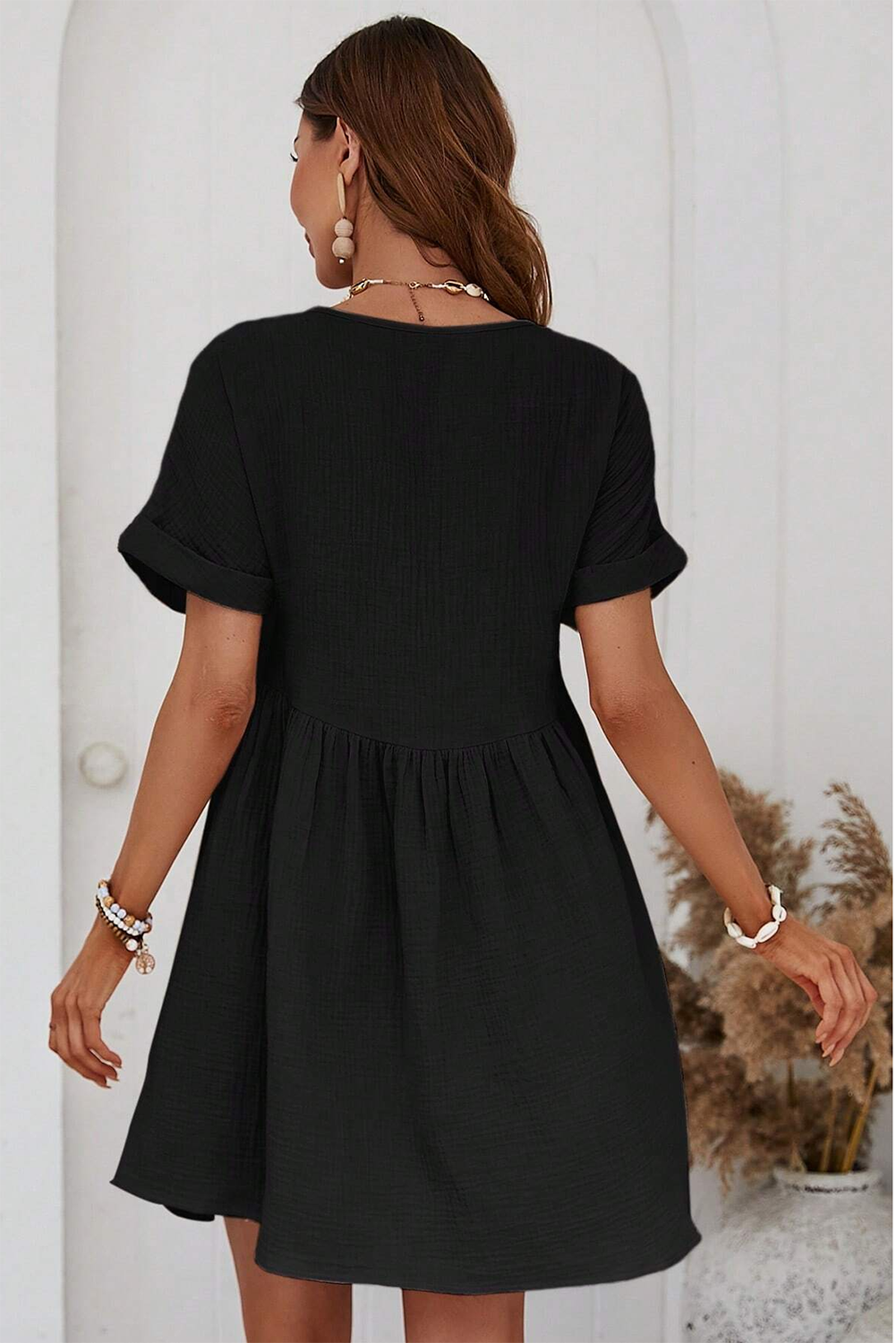 Black Folded Short Sleeve Lace V Neck Mini Dress - Premium Dresses/Mini Dresses from Momma Done Gone Crafty- Just $34! Shop now at Momma Done Gone Crafty