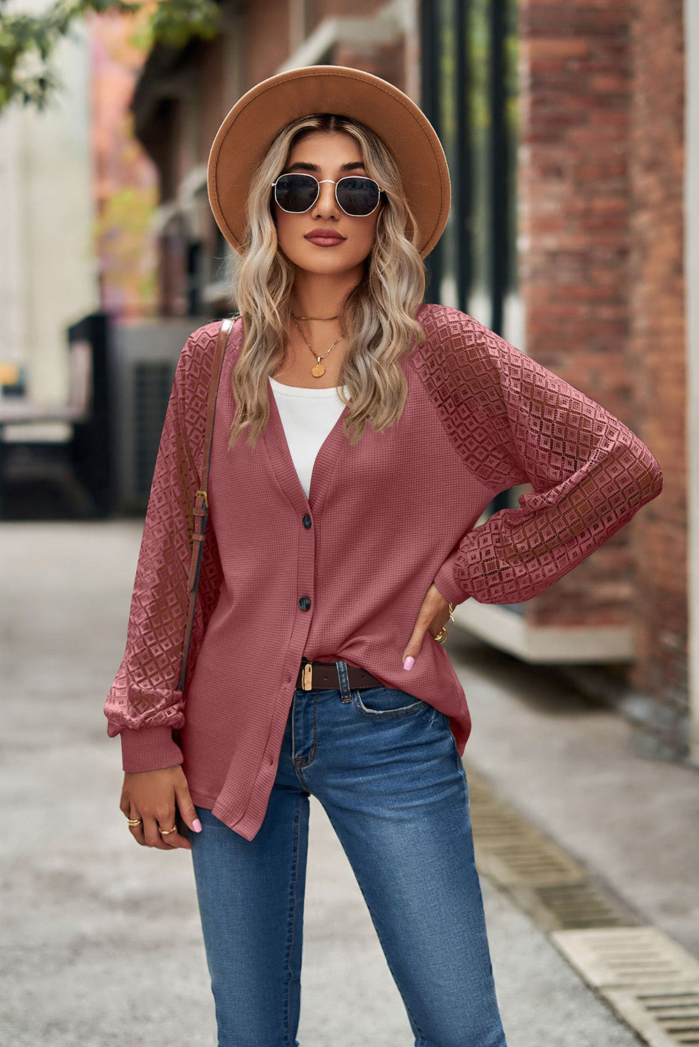 Waffled Knit Lace Long Sleeve Buttoned Cardigan - Premium Tops from Momma Done Gone Crafty- Just $45.30! Shop now at Momma Done Gone Crafty