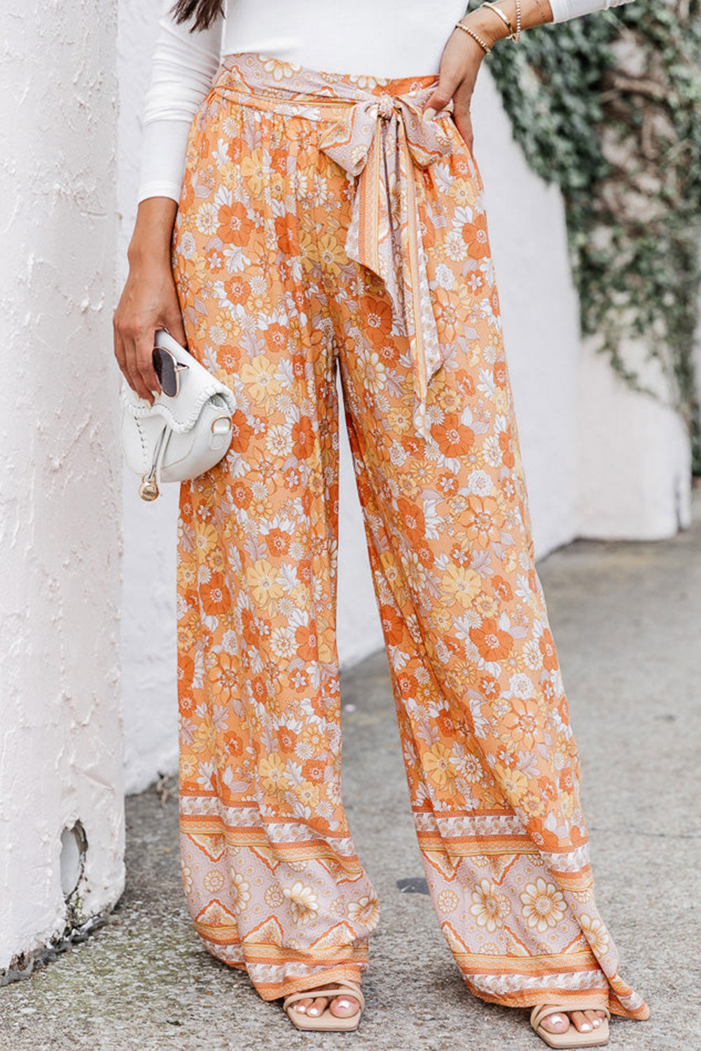 Grapefruit Orange Tie Waist Boho Floral Wide Leg Pants - Premium Bottoms from Momma Done Gone Crafty- Just $36.27! Shop now at Momma Done Gone Crafty