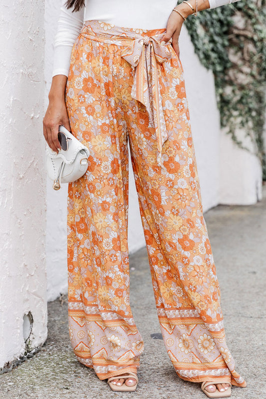 Grapefruit Orange Tie Waist Boho Floral Wide Leg Pants - Premium Bottoms from Momma Done Gone Crafty- Just $36.27! Shop now at Momma Done Gone Crafty