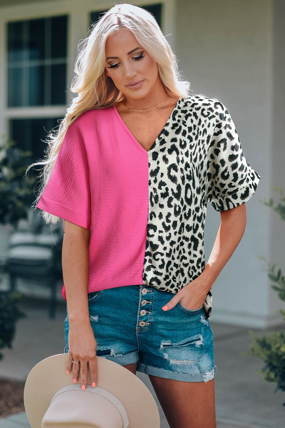 Rose Contrast Leopard Color Block Blouse - Premium Tops from Momma Done Gone Crafty- Just $34.40! Shop now at Momma Done Gone Crafty