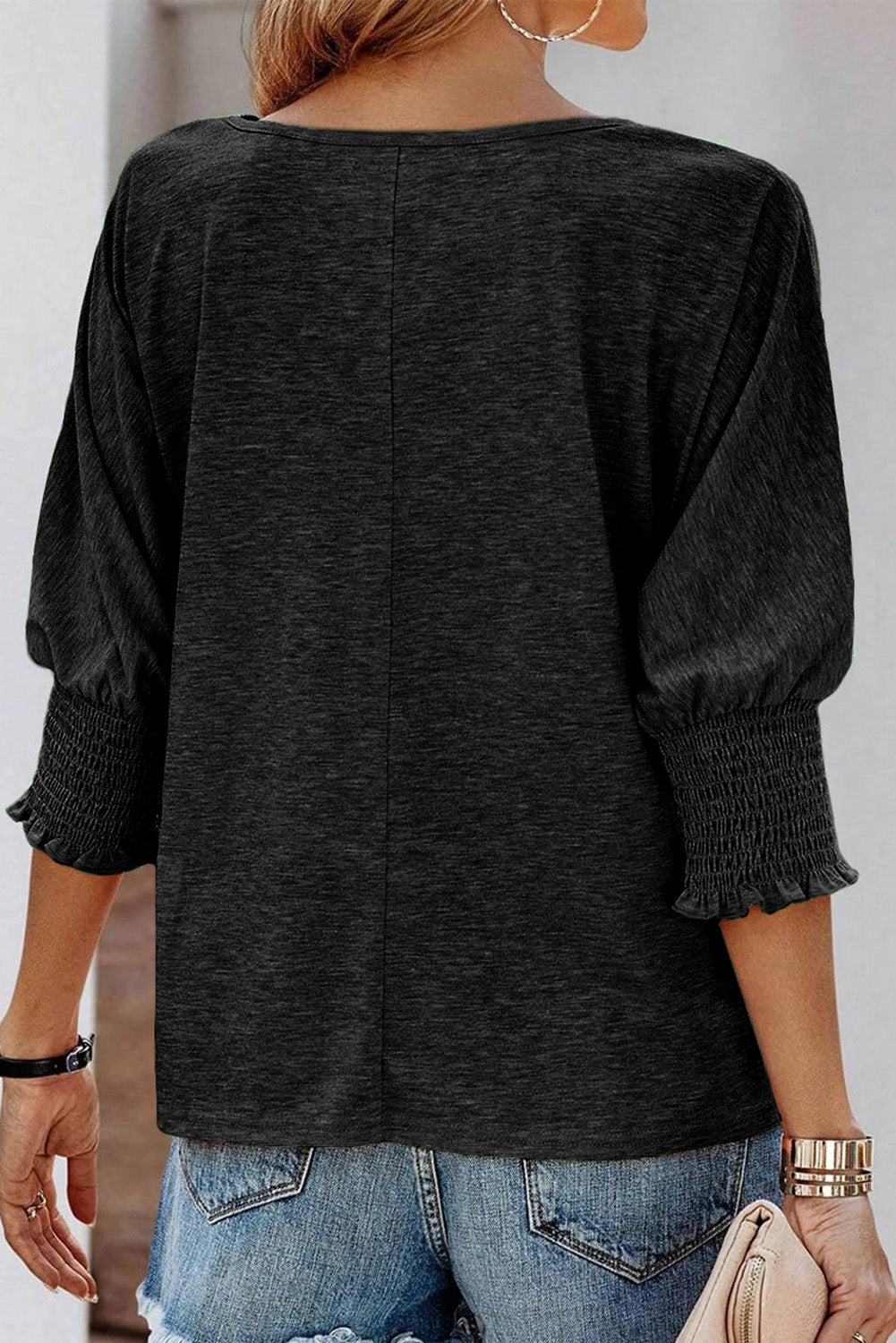 Black Smocked 3/4 Sleeve Casual Loose Top - Premium Tops from Momma Done Gone Crafty- Just $57! Shop now at Momma Done Gone Crafty