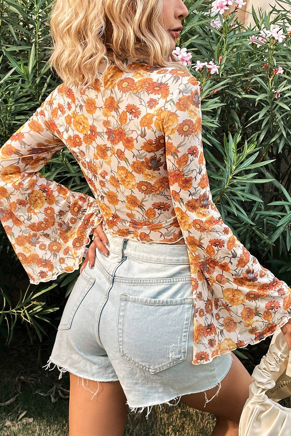 Orange Floral Printed Bell Sleeve Mock Neck Scallop Trim Blouse - Premium Tops/Blouses & Shirts from Ashes 2 Wildflowers Boutique, LLC- Just $24.80! Shop now at Ashes 2 Wildflowers Boutique, LLC