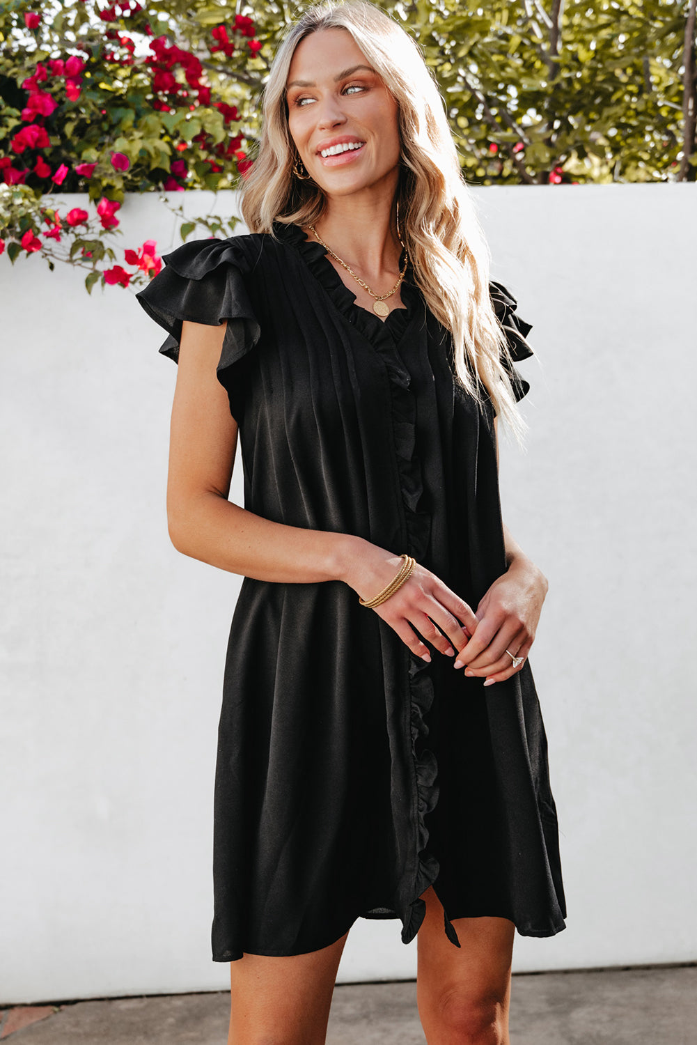 Black Ruffle Sleeve V Neck Frilled Shift Dress - Premium Dresses/Mini Dresses from Ashes 2 Wildflowers Boutique, LLC- Just $32.06! Shop now at Ashes 2 Wildflowers Boutique, LLC