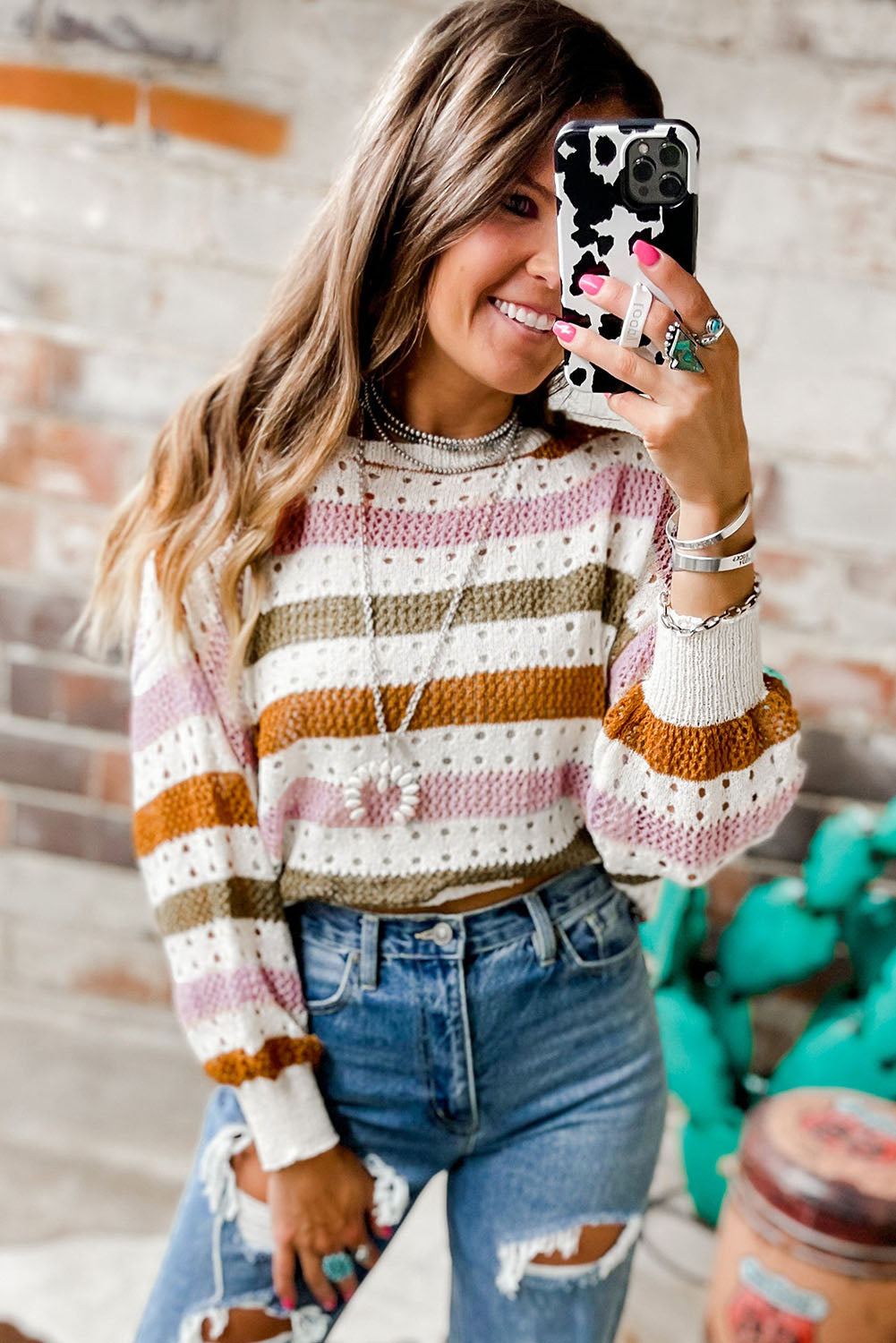 Multicolor Striped Hollowed Knitted Loose Sweater - Premium Tops from Momma Done Gone Crafty- Just $35.40! Shop now at Momma Done Gone Crafty