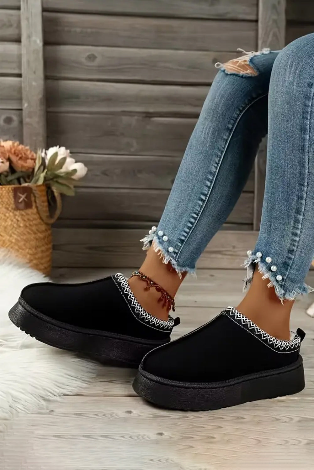 Black Contrast Print Suede Plush Lined Snow Boots - Premium Shoes & Bags/Boots from Momma Done Gone Crafty- Just $20.94! Shop now at Momma Done Gone Crafty
