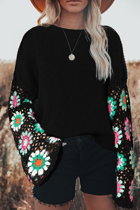 Black Floral Crochet Bell Sleeve Loose Sweater - Premium Tops from Momma Done Gone Crafty- Just $52.99! Shop now at Momma Done Gone Crafty