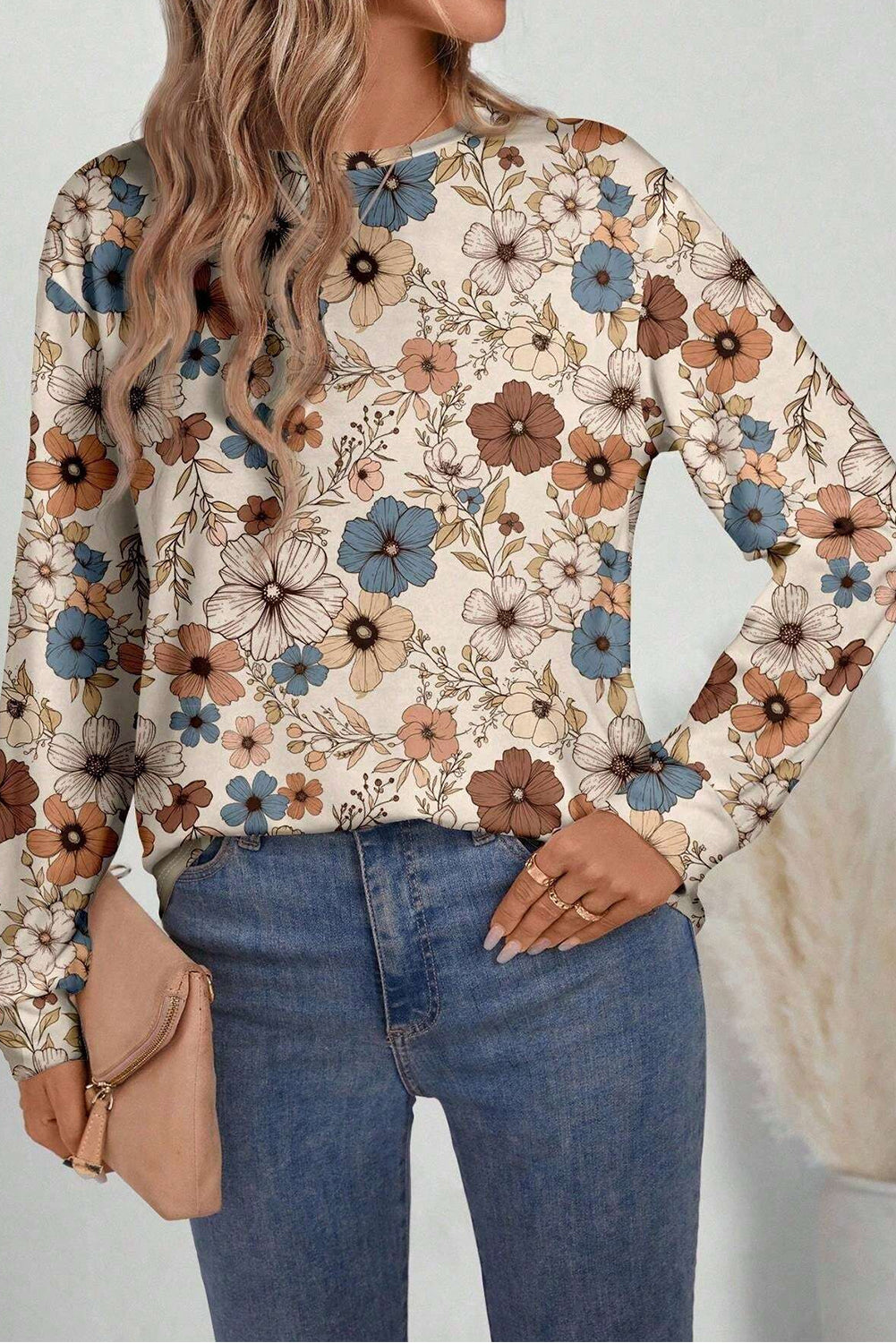 Khaki Floral Print Loose Crew Neck Long Sleeve T Shirt - Premium Tops/Long Sleeve Tops from Ashes 2 Wildflowers Boutique, LLC- Just $25.70! Shop now at Ashes 2 Wildflowers Boutique, LLC
