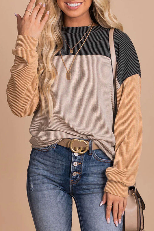 Black Color Block Long Sleeve Ribbed Loose Top - Premium Tops from Momma Done Gone Crafty- Just $37.80! Shop now at Momma Done Gone Crafty