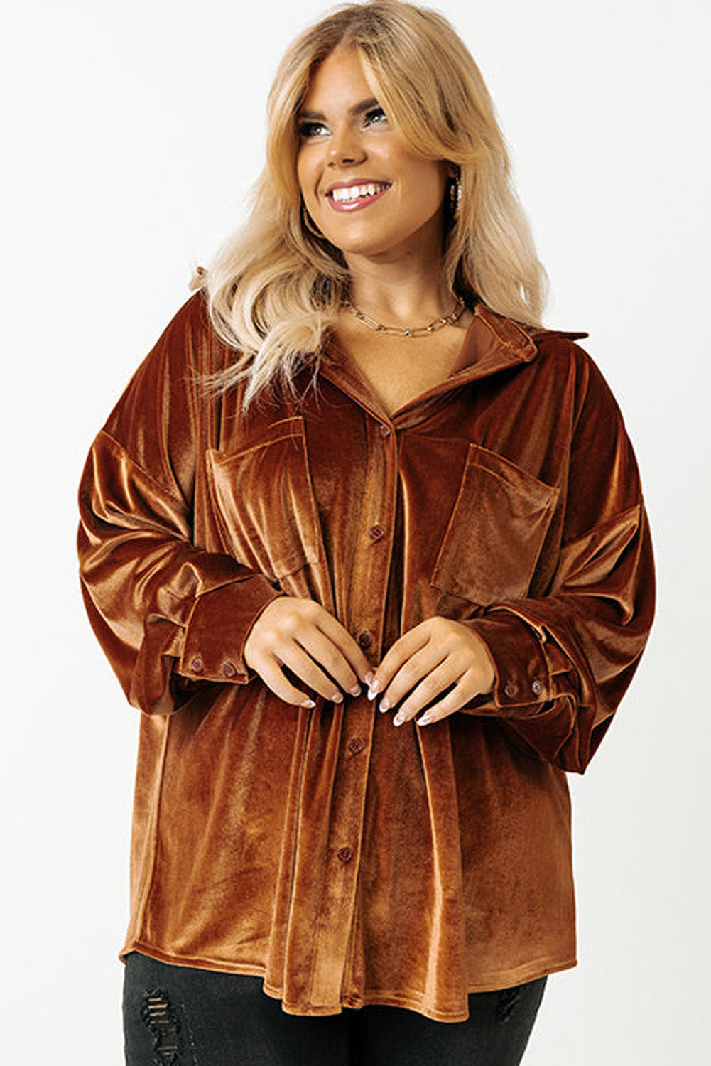 Chestnut Plus Size Velvet Chest Pocket Drop Shoulder Shirt - Premium Plus Size/Plus Size Tops/Plus Size Blouses & Shirts from Momma Done Gone Crafty- Just $31.80! Shop now at Momma Done Gone Crafty