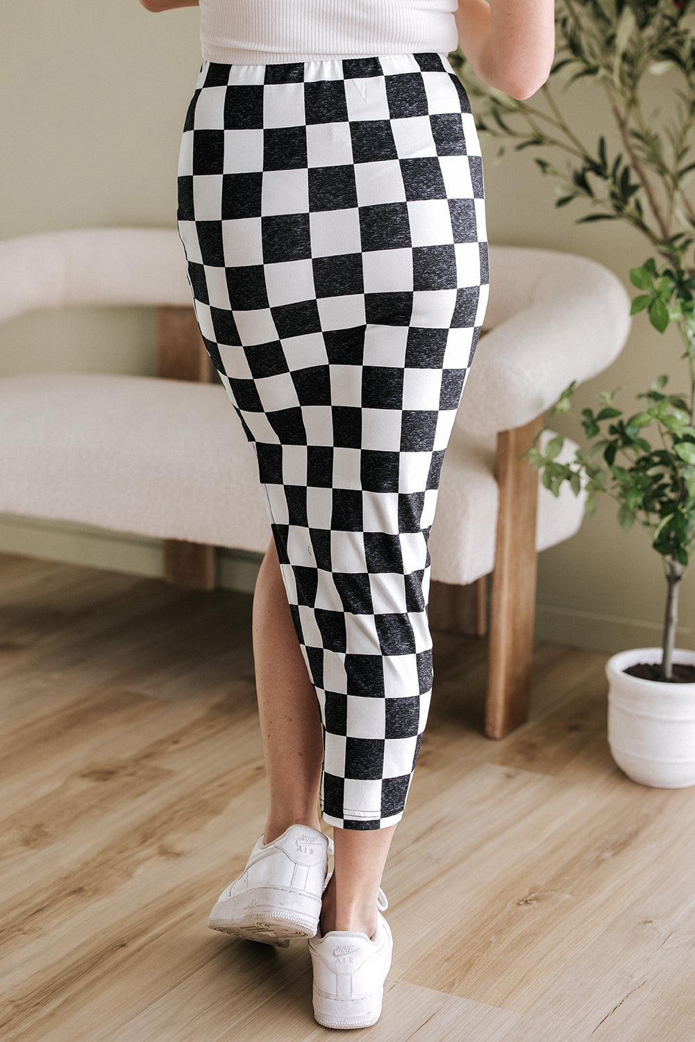 White Checkered Print Side Slit High Waist Midi Skirt - Premium Bottoms/Skirts & Petticoat from Ashes 2 Wildflowers Boutique, LLC- Just $9.60! Shop now at Ashes 2 Wildflowers Boutique, LLC