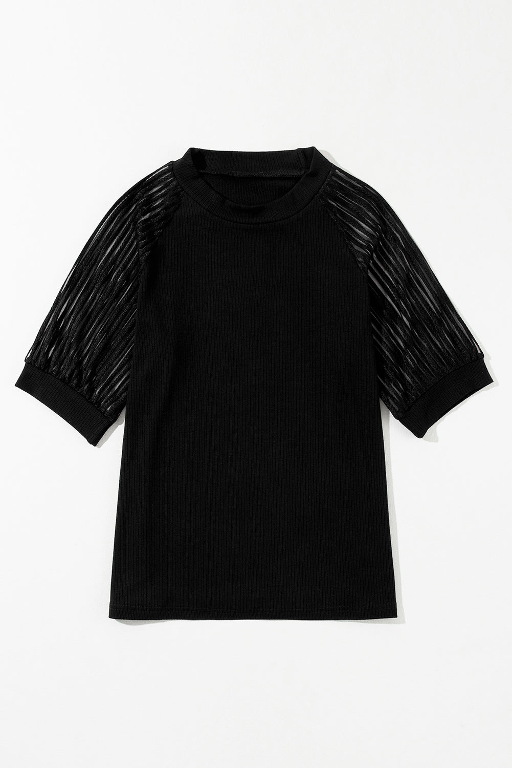 Black Striped Mesh Sleeve Crew Neck Ribbed T Shirt - Premium Tops/Tops & Tees from Momma Done Gone Crafty- Just $22.99! Shop now at Momma Done Gone Crafty