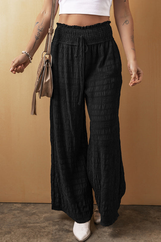 Black Textured Wide Smocked Waist Loose Pants - Premium Bottoms/Pants & Culotte from Momma Done Gone Crafty- Just $24! Shop now at Momma Done Gone Crafty