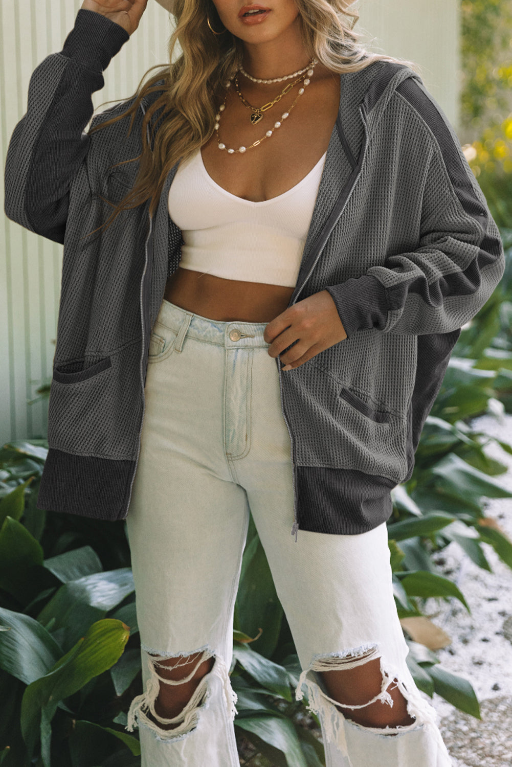 Gray Thermal Waffle Knit Full Zipper Hooded Jacket - Premium Outerwear from Momma Done Gone Crafty- Just $50.40! Shop now at Momma Done Gone Crafty