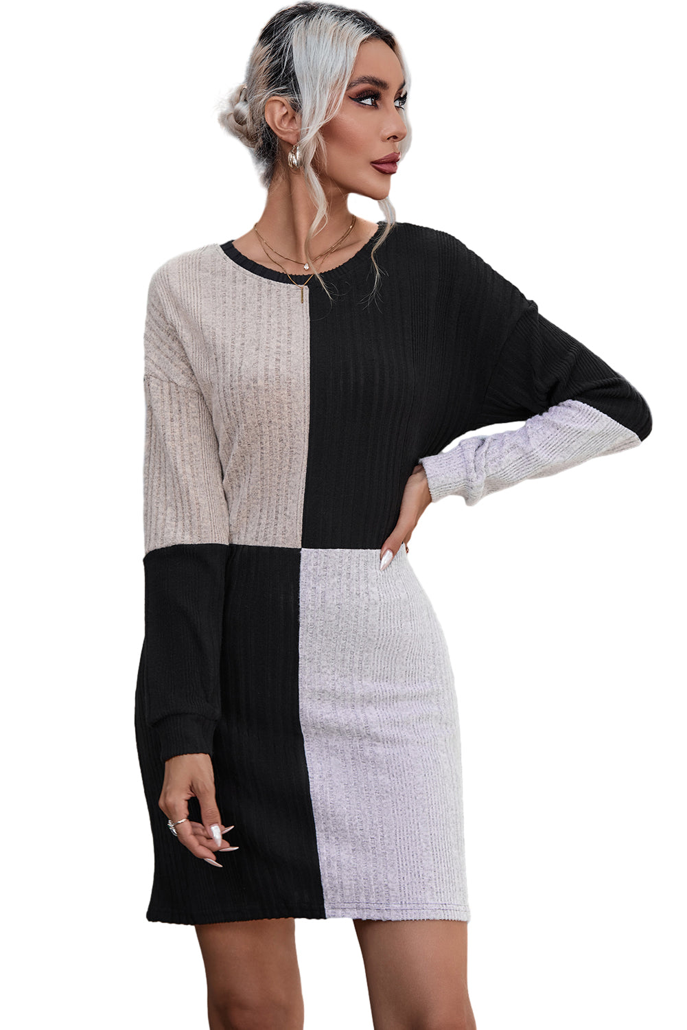 Black Ribbed Color Block Drop Shoulder Long Sleeve Mini Dress - Premium Dresses from Momma Done Gone Crafty- Just $26.99! Shop now at Momma Done Gone Crafty