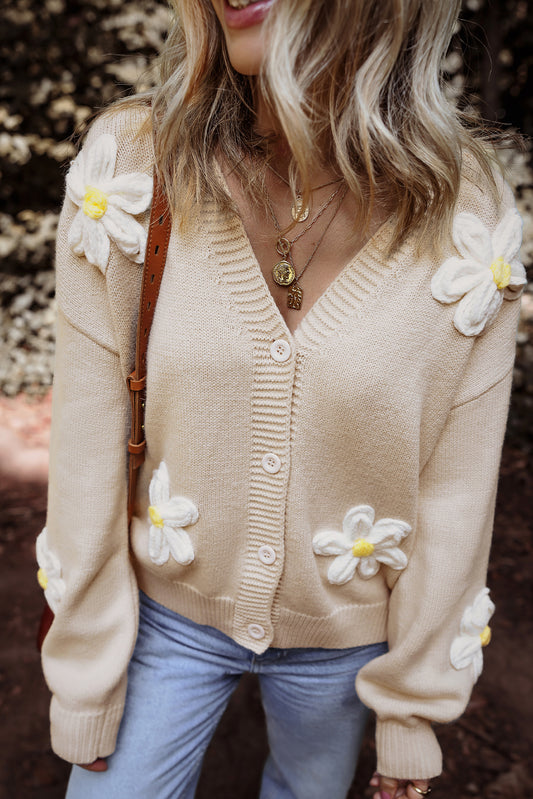 Parchment Elegant Flower Decor Button Front Cardigan - Premium Sweaters & Cardigans/Cardigans from Momma Done Gone Crafty- Just $45.45! Shop now at Momma Done Gone Crafty