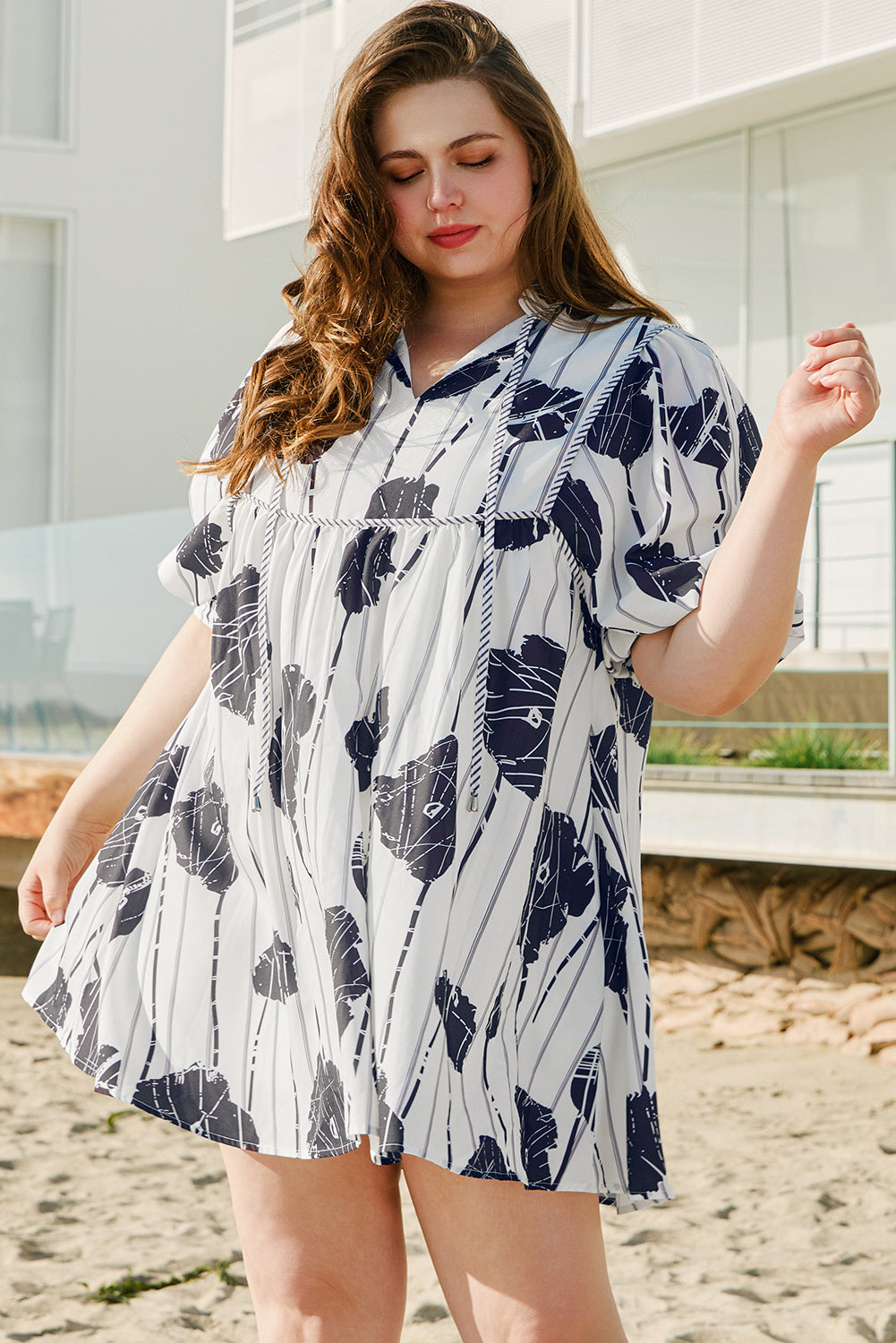 Black Plus Size Floral 3/4 Puff Sleeve Lace-up Neck Mini Dress - Premium Plus Size/Plus Size Dresses/Plus Size Mini Dresses from Momma Done Gone Crafty- Just $39.15! Shop now at Momma Done Gone Crafty