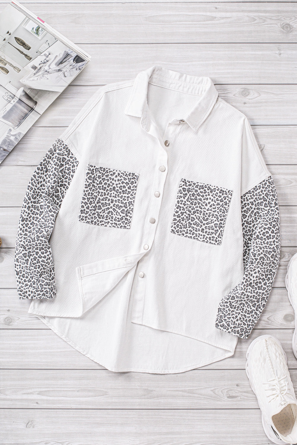White Contrast Leopard Denim Jacket - Premium Outerwear/Denim jackets from Momma Done Gone Crafty- Just $55! Shop now at Momma Done Gone Crafty