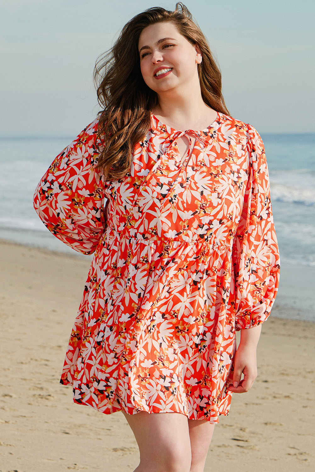 Orange Floral Print Split V Neck Bubble Sleeve Plus Size Midi Dress - Premium Plus Size/Plus Size Dresses/Plus Size Midi Dresses from Momma Done Gone Crafty- Just $38.70! Shop now at Momma Done Gone Crafty
