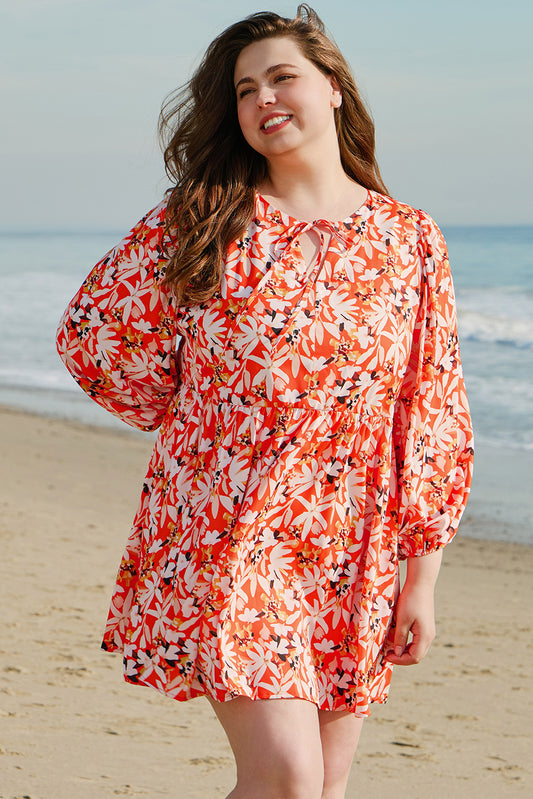 Orange Floral Print Split V Neck Bubble Sleeve Plus Size Midi Dress - Premium Plus Size/Plus Size Dresses/Plus Size Midi Dresses from Momma Done Gone Crafty- Just $38.70! Shop now at Momma Done Gone Crafty